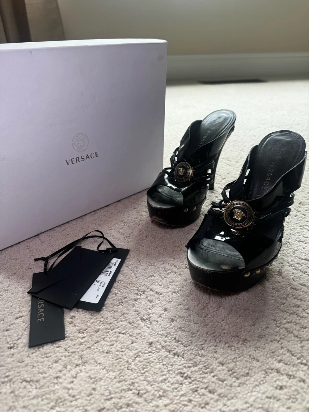 Versace Black Patent Leather and Wooden Platform Medusa Sandals Size 36